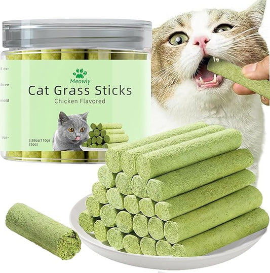 Meowly 110g Cat Grass ﻿Sticks for Cats, Natural Chicken Flavored Cat Grass ﻿Sticks for Teeth Cleaning and Hairball Remedy