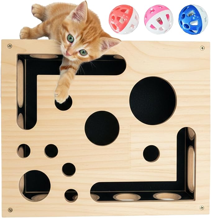 Cat Nail File Enrichment Box - Wooden Scratch & Puzzle Toy with 3 Bell Balls, Sandpaper Pad for Indoor Cat Claw Grinding, Mental Stimulation and Boredom Relief