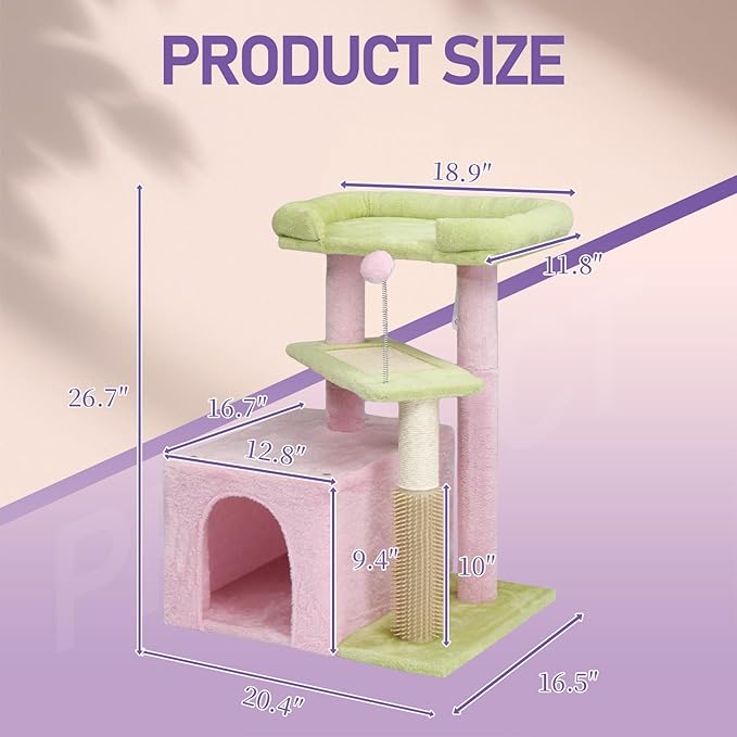 27.5in Plush Cat Tree, Multi-Level Cat Tower with Scratching Post and Pad, Cozy Condo & Padded Perch, Dangling Ball for Kittens and Indoor Cats, Compact Cat Furniture for Small Spaces (Pink & Green)