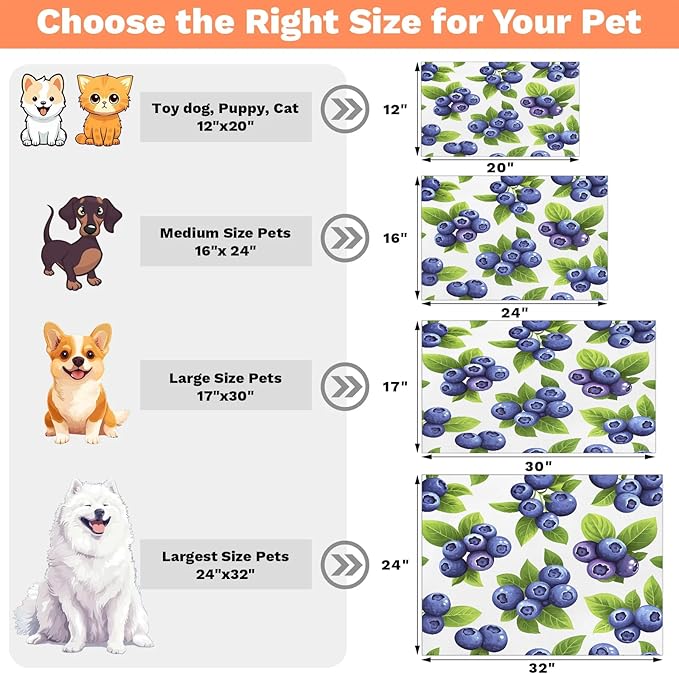 Blueberry Fruit Dog Food Mat for Floors Absorbent Dog Bowl Mat for Food and Water Dispenser Quick Dry Cat Food Placemat Pet Supplies 17" x 30", Green Leaves
