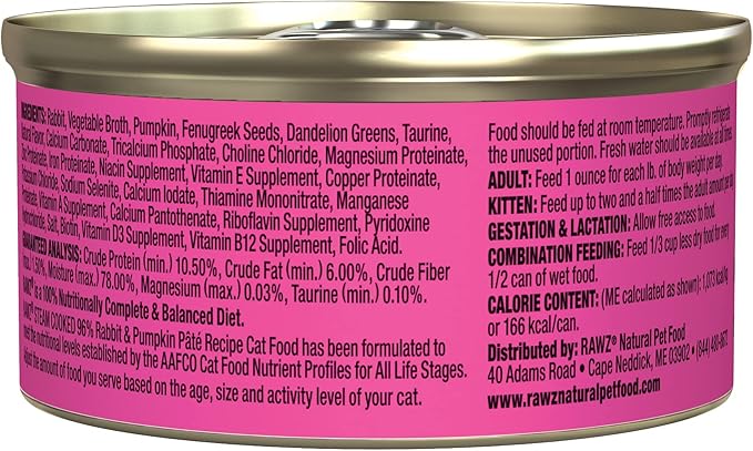 Rawz Natural Premium Pate Canned Cat Wet Food - Made with Real Meat Ingredients No BPA or Gums -3 oz Cans (Case Pack of 18) (Rabbit&Pumpkin)