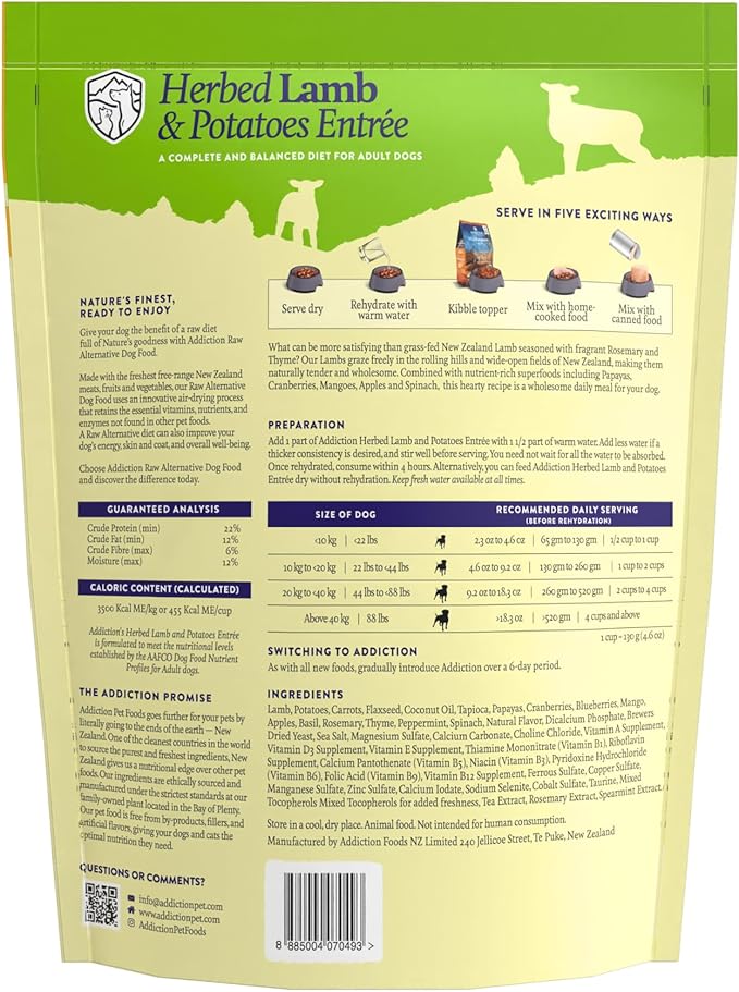 Addiction Herbed Lamb & Potatoes Raw Alternative Dog Food - Gently Air-Dried Complete Meal or Dog Food Topper for Digestive and Skin and Coat Health, 2 lb