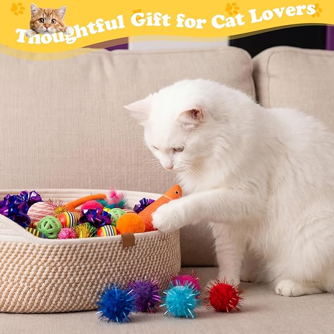 Leitee Valentine's Day Cat Bed Storage Basket with 40 Pcs Cat Variety Toys Pack Set Includes Pillows, Spring Toy, Chew Rope and Balls for Kitten Kitty Swat Hunt Interactive Pet(White,Yellow)