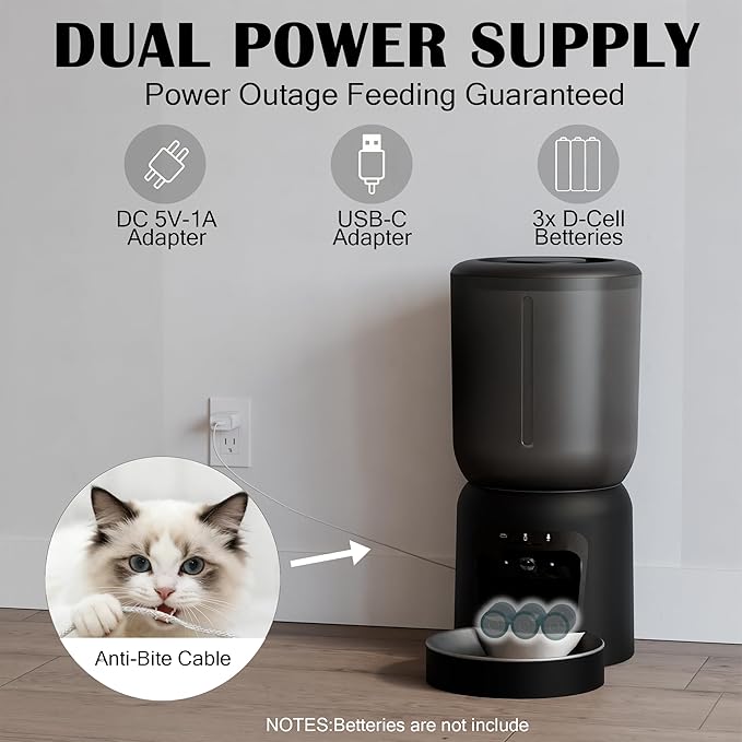 Automatic Cat Feeder with 2K Camera: Cat Food Dispenser with 6L Capacity, Container for Multiple Pet; Automatic Dog Feeder with Night Vision Support 5/2.4GHz & 2-Way Audio, Anti-Jam Design (Black)