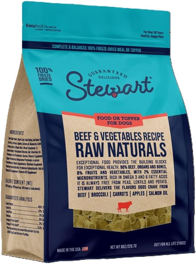Stewart Raw Naturals Freeze Dried Raw Dog Food or Meal Topper, Beef & Vegetables Recipe, 8 Ounce Bag, Complete and Balanced Nutrition