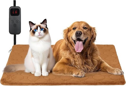 Cat Heating Pad, 6 Adjustable Temperature & 5 Timer Options, 15.7'' x 27.5'' Pet Heating Pad for Cats Dogs, Waterproof Indoor Outdoor Electric Heated Cat Bed Dog Mat with Chew-Resistant Cord (Brown)