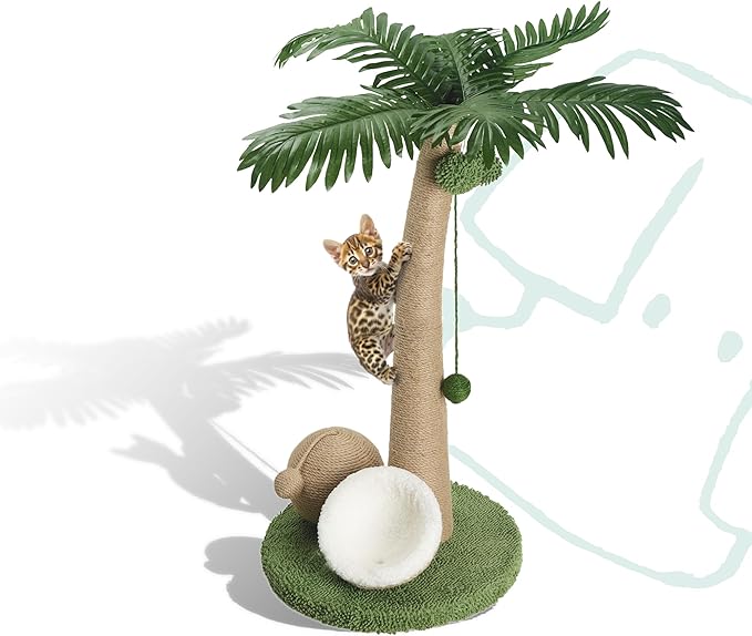 Cat Scratching Post 33 Inch Palm Tree with Hanging Balls and Double Coconut Toys, Cat Scratcher for Indoor Kittens, Extra Stable Base, Paw-Friendly Jute Material M