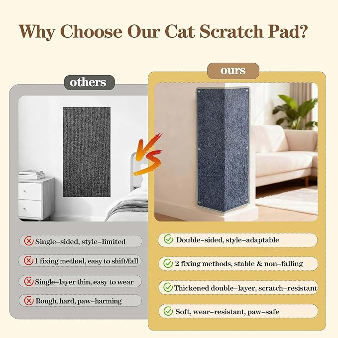 Corner Cat Scratcher & Wall Cat Scratcher - Double-Sided Usable Thick Carpet Pad, Edge-Wrapped Design for Durability, 2 Installation Ways - Indoor Cat Scratching Post for Furniture & Wall Protection