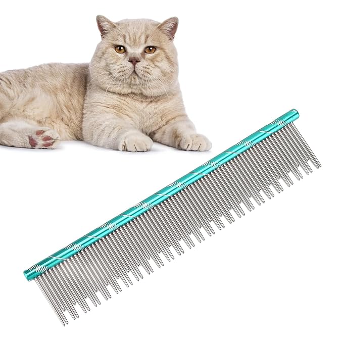 Pet Hair Removal Comb, Stainless Steel Cat Grooming Tool with Dual - Density Teeth, Open Knot Comb for Long and Short Haired Cats, Ergonomic Non - Slip Handle (Green)
