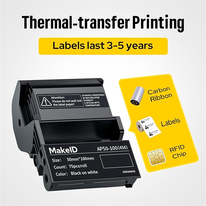 MakeID EP53 Labels, All-Weather PET Label Tape with Ribbon Cartridge for Indoor/Outdoor ID and Equipment Labeling - for EP53 Portable Industrial Label Maker