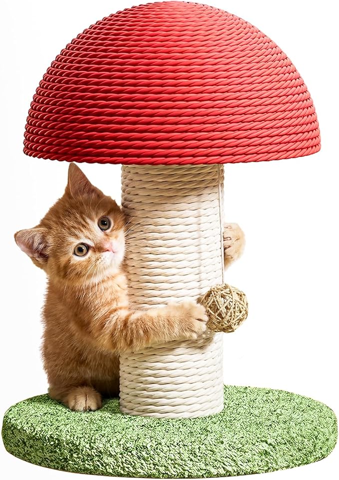 Cat Scratching Post & Cat Tree 6.3×7.1×11 in, Mushroom Shaped Small Cat Tower with Natural Sisal Rope, Durable Cat Scratcher & Cat Toy for Indoor Cats & Kittens