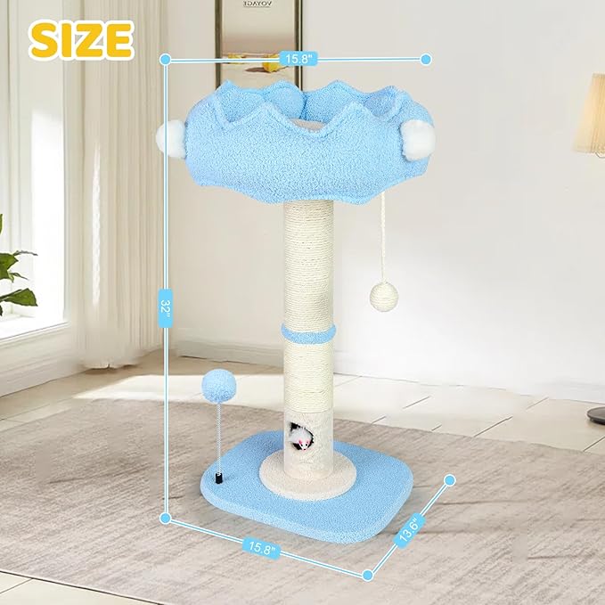 Tall Cat Scratching Post for Indoor Cats Adults, Cat Scratch Post with Sisal Rope Claw Scratcher, Solid Wood Cat Tower with Scratching Post and Cat Toys Mouse Hole, Cute Small Cat Tree, (Blue Sky)