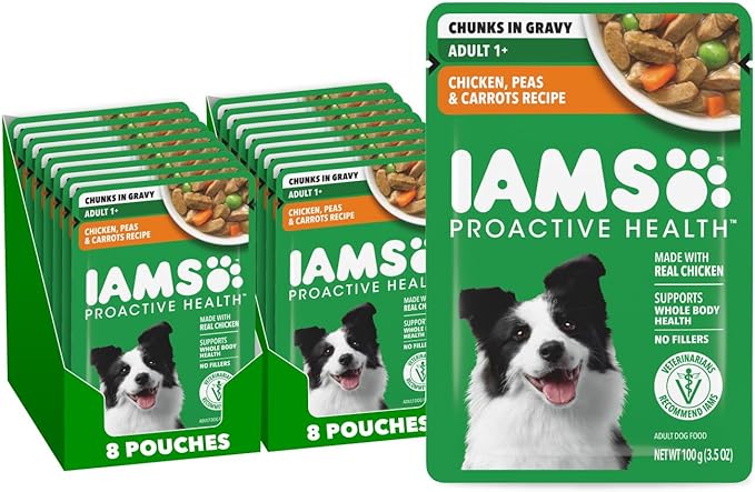 IAMS Proactive Health Adult Wet Dog Food, Chicken, Peas and Carrots Recipe, 3.5 oz. Pouch (16 Count, Pack of 1)