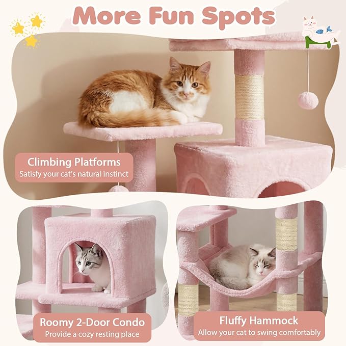 Tangkula Pink Cat Tree, 44 Inch Multi-Level Cat Tower with Sisal Scratching Posts, 2-Door Condo, Padded Top Perch & Hammock, 2 Hanging Balls, Jumping Platforms for Indoor Cats (Pink)