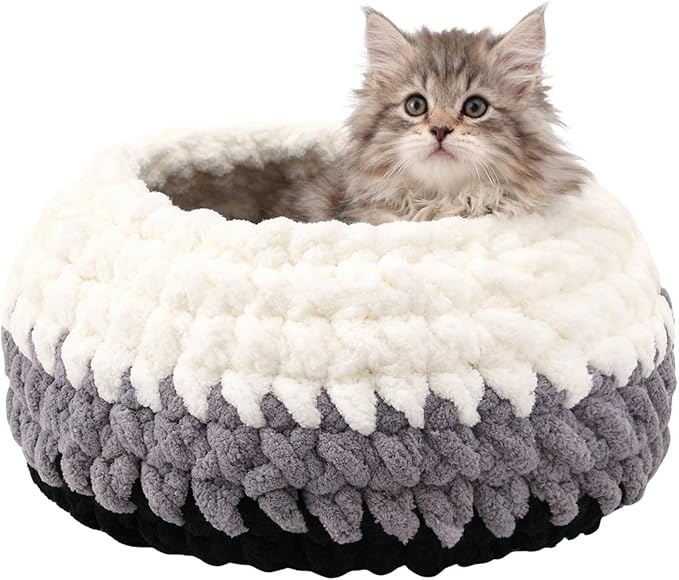 Rondo Cat Nest Handwoven Washable Cat Nest Bed Extra Soft Round Cave House Furniture for Indoor Kitten Cloud Black, White&Gray