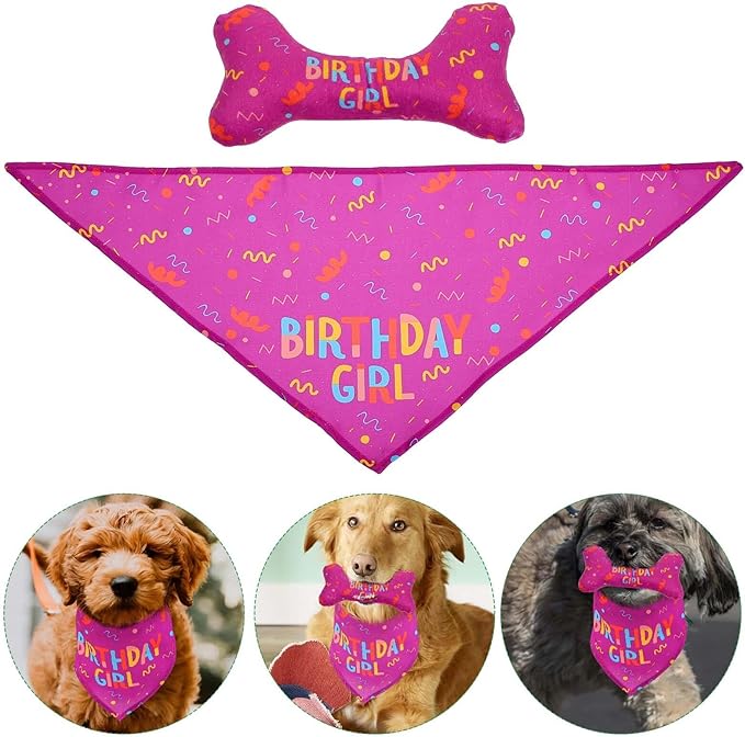 VOSAREA Pet Birthday Bandana and Dog Neckerchief 2pcs Set with Red Saliva Towel and Simulation Bone Design, Cotton Triangle Scarf for Puppy Party Supplies and Holiday Costume
