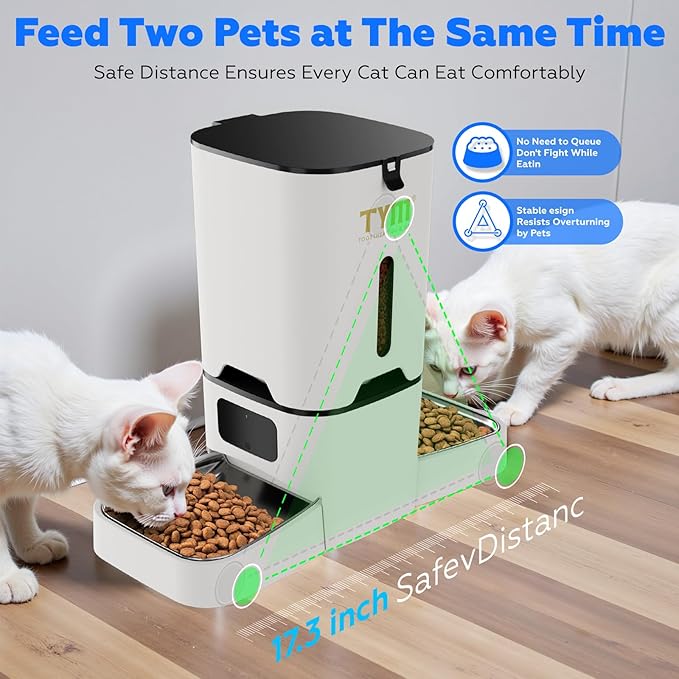 TYM Dual Automatic Cat Feeder for 2 Cats, 7L WiFi Cat Food Dispenser with Smart App Control, Programmable Feeding Schedule for Multiple Pets, Stainless Steel Double Bowls, Detachable for Easy Clean