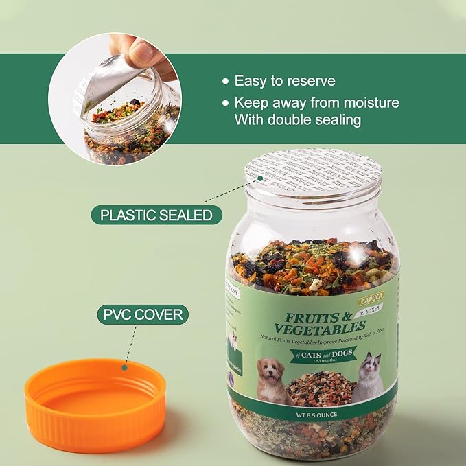 12-in-1 Vegetable Fruit Mix Cats Dogs Treast - Natural Ingredient Food Toppers Picky Eaters, High Fiber Digestive Health, Grain-Free(8.5oz)