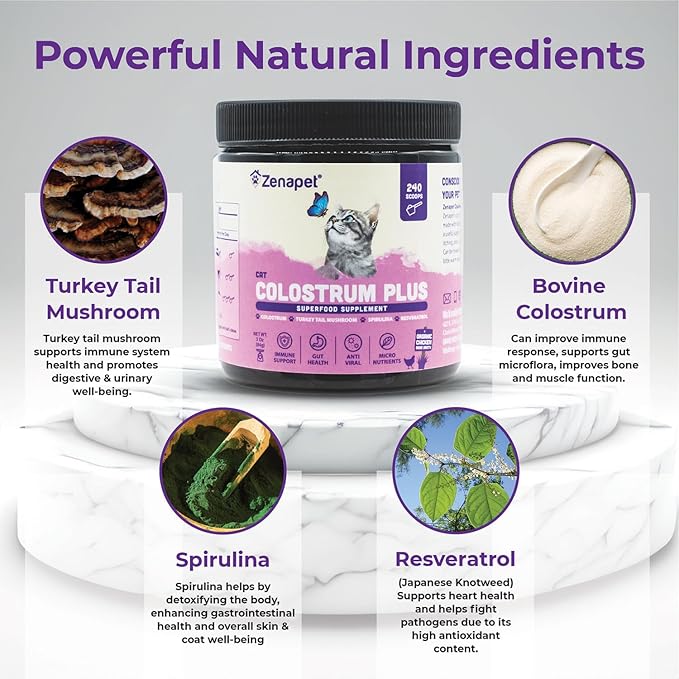 ZENAPET Cat Colostrum Plus Premium Powder Topper, Immune & Digestive Health Supplement, Supports Skin & Coat, Made in USA (1, 3 Ounces)