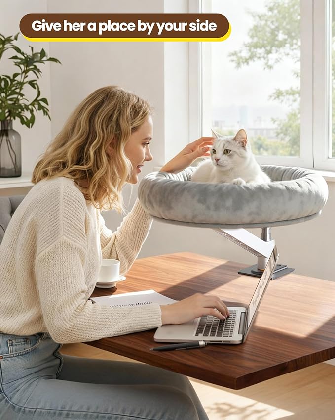 tomxcute Cat Desk Bed - Integrated Die-Cast Arm for Stability - 360° Rotation & Height Adjustable - 45 lbs Support - Cat Desk Perch for S/M/L Cat - Removable Washable Office Cat Bed with Wooden Base