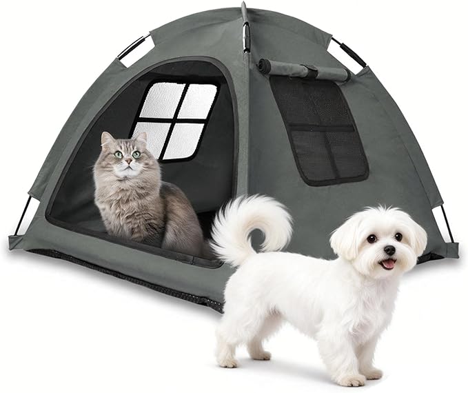 Open Design Pet Tent, Cozy Monitoring Bed for Cats & Puppies, Breathable Mesh Walls for Security & Ventilation, Indoor Outdoor Travel, Grey