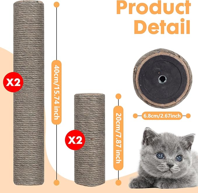 Barelove Cat Scratching Post Replacement, 4 Pieces Cat Scratcher Cat Tree Replacement Parts, 15.4'' x 2.67" Dia + 7.87“ x 2.67" DiaNatural Sisal Rope Cat Scratch Posts Include M8 Screws, Grey