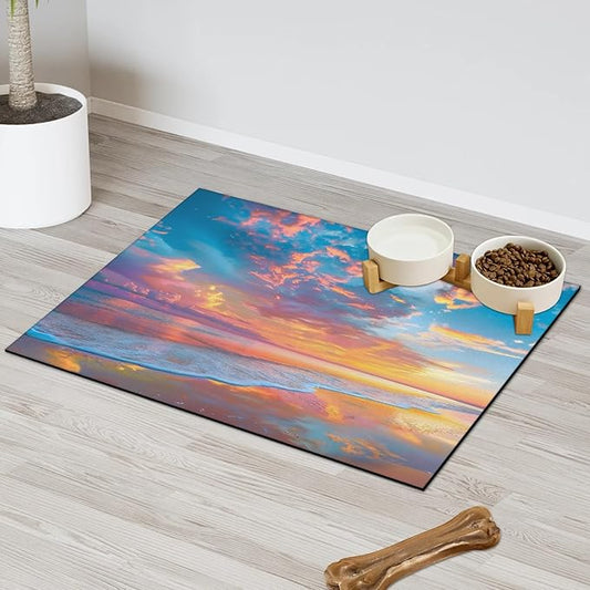 Hawaiian Beach Themed Dog Food Mat for Floors Absorbent, Quick Dry Water Dispenser Mat for Food, Water, Pet Supplies 12" x 20",