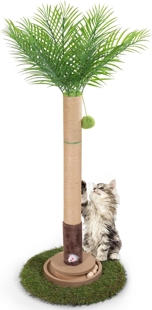 Cat Scratching Post, 35 Inch Tall Cat Scratcher Cat Tree Tower with Hanging Ball for Indoor Cats Adults,Areca Palm Sisal Rope Kitten Scratch with Interactive Mouse Cat Toy