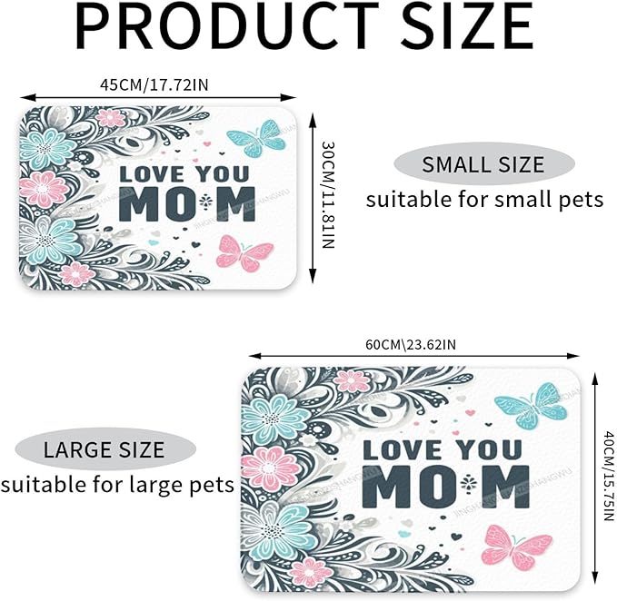 Dog Food Mat for Floors Absorbent Quick Drying Happy Mother's Day Floral Gift for Mom Butterfly Art Pet Cat Food Mat Easy-to-Clean Pet Feeding Mats Dog Bowl Mats 24x16In