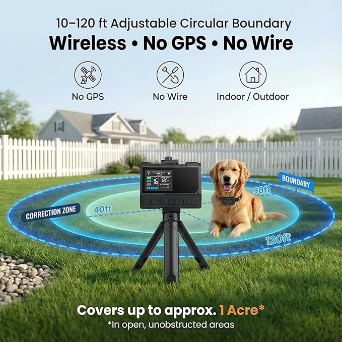 Wireless Dog Fence – Precise Signal 3-in-1 Boundary, Training & No-Go Zone System, Up to 1 Acre Circular Coverage, Waterproof Collar, Indoor & Yard Use, Fits 10–120 lb Dogs