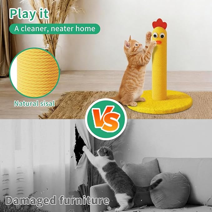 Cat Tree for Indoor Cats — Yellow Chick Mini Scratching Post, Compact Apartment Cat Tower for Kittens & Adult Cats, Fun Play & Furniture Protection
