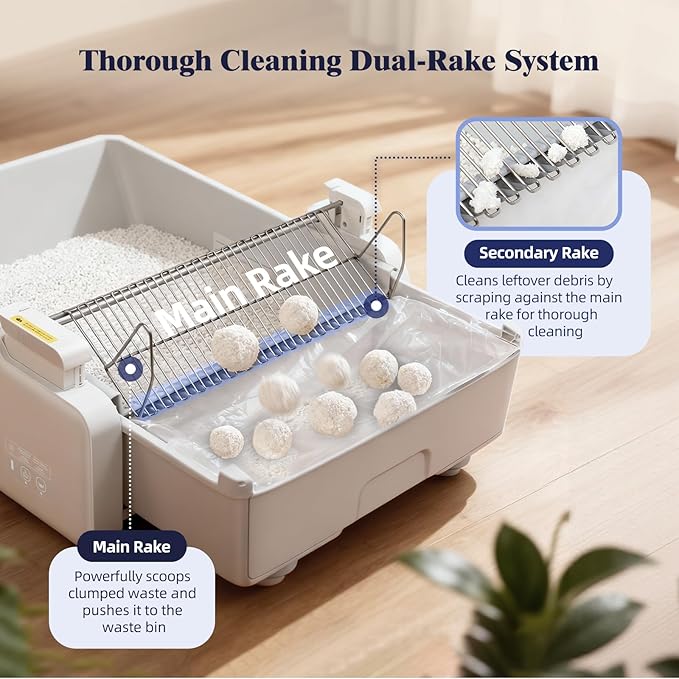 Robotail Automatic Litter Box, Self Cleaning Cat Litter Box with with Roomy Space, Fully Open Cat Box for Multi Cats, Include 5Lb Compatible Cassava Litter