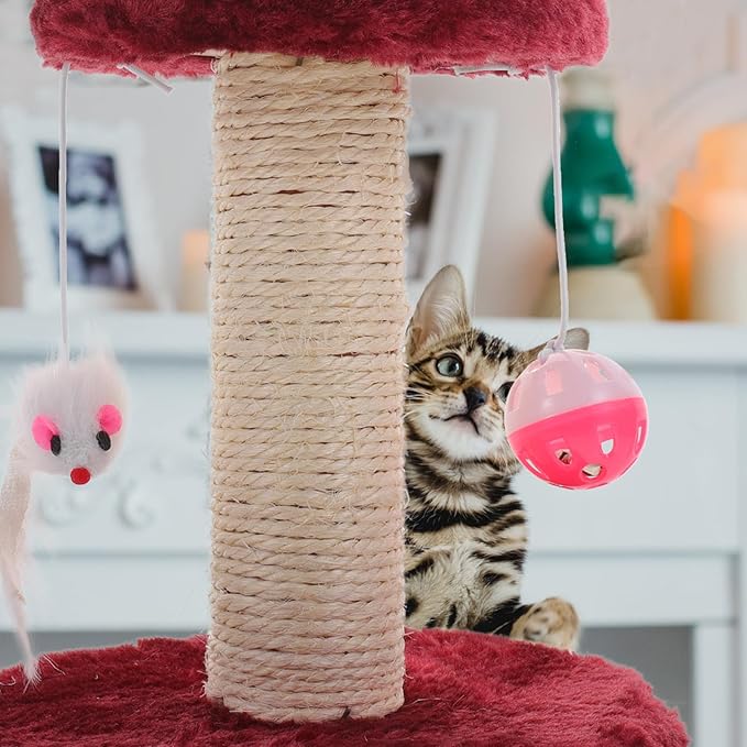 Cabilock Indoor Cat Scratching Post with Hanging Balls Double-Layer Sisal Scratching Tower Small Floor Cat Scratcher for Kittens with Bell Accessory Random Color