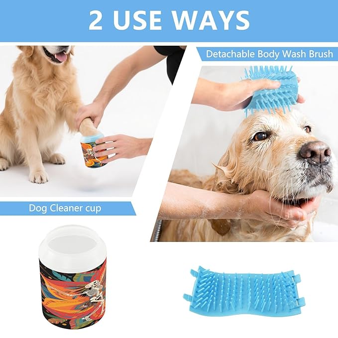 Boho Mandala Flower and Human Skeleton (2) Portable Pet Foot Washer with Silicone Brush Soft Pets Grooming Supplies for Small Medium Large Breed Dogs, Cats