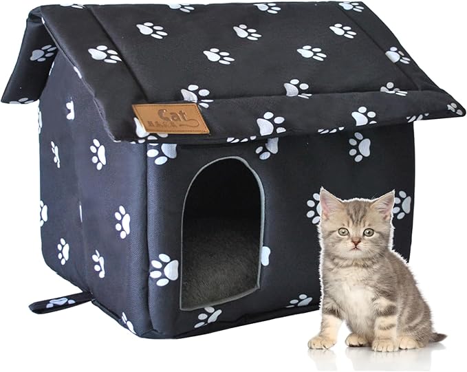 Cat House for Outdoor,Weatherproof Warm Feral Cats Shelter Outside/Indoor Collapsible Insulated Pet Houses Foldable Stray Cat Tent Cave for Kitty Puppy Small Animals Four Season(Black)