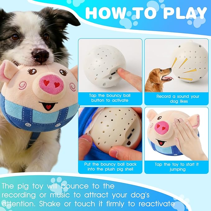 Interactive Dog Toys, Jumping Pig Dog Toys with Bounce, Recording and Music Modes, Active Moving Pet Plush Toy, Washable Cartoon Pig Plush Toy for Puppies/Small/Medium/Large Dogs (Blue)