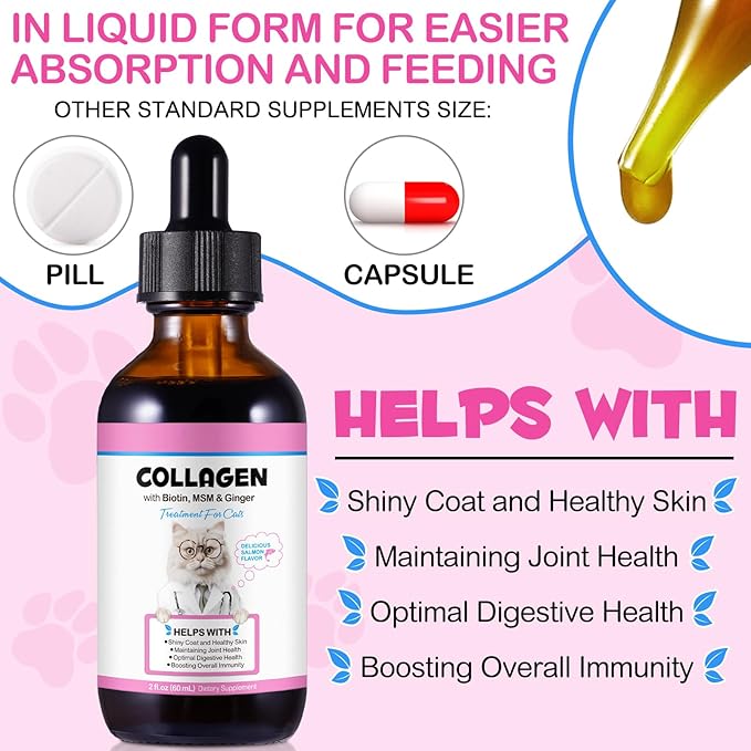 Cat Collagen Liquid Drops, Collagen Dietary Supplement for Cats with Biotin, MSM & Ginger, Enhance Immunity, Support for Cat Joints, Skin - 60ML
