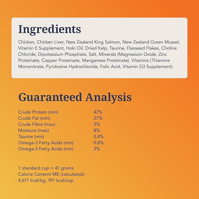 Feline Natural Freeze Dried Cat Food - Grain-Free and High Protein Cat Food from New Zealand, Complete Meal or Topper for Kittens, Adults, and Senior Cats, Chicken and King Salmon, 3.5oz