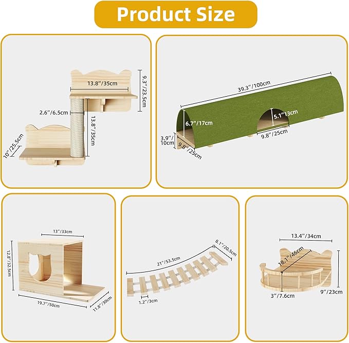 Cat Wall Shelves, 16-in-1 Solid Wood Wall-Mounted Cats Furniture Set with Scratching Post, Cat Climbing Wall Systems with 40''L Tunnel, Step, Condo, House, Bridge Ladder, Cats Shelf Furniture
