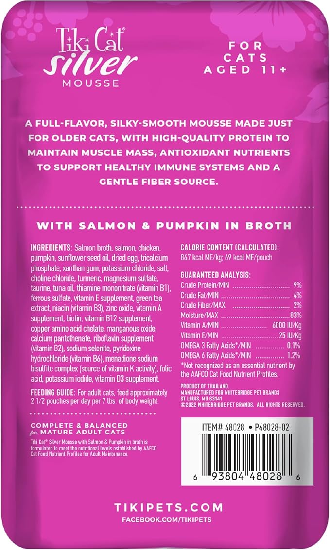 Tiki Cat Silver Mousse, with Salmon & Pumpkin in Broth, Silky Smooth Nutrient Rich Formulated for Older Cats Aged 11+, 2.9 oz. Pouch (12 Count)