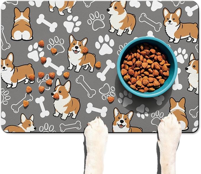 Absorbent Dog Food Mat with Cute Corgi Pattern, Non-Slip, Quick Dry, No Stains, Pet Feeding Placemat for Food and Water (Grey, 16" x 24")