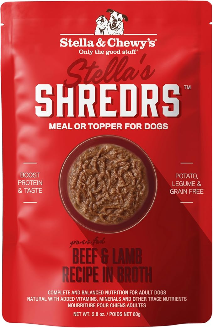 Stella & Chewy's Grass Fed Beef & Lamb Shredrs - Premium Dog Food Pouches - Perfect for Picky Eaters - 24 Pack, 2.8oz Each