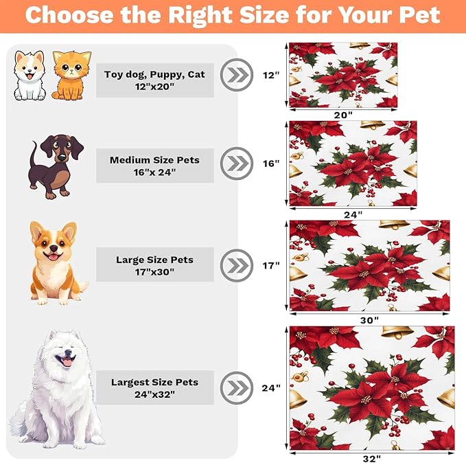 Red Poinsettia Dog Food Mat for Floors Absorbent, Quick Dry Water Dispenser Mat for Food, Water, Pet Supplies 17" x 30", Xmas Holly