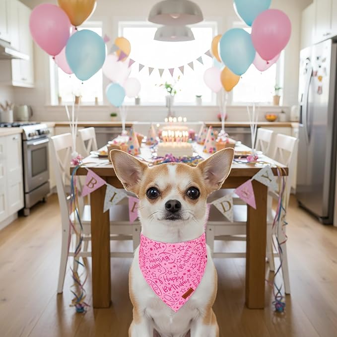 PTDECOR Pink Happy Birthday Dog Bandana, Premium Durable Fabric, Triangle Scarf for Dog Birthday Party Supplies, Pink Pet Bandana for Small Dogs Pets (Small)