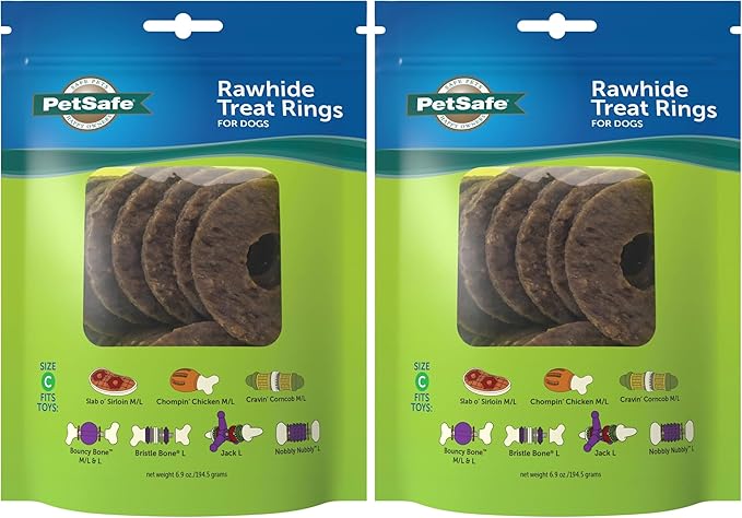 PetSafe Busy Buddy Natural Rawhide Rings - Long-Lasting Dog Chew Refills - Engaging Dog Treat for Training & Playtime - Original Rawhide Flavor - Size C,(Pack of 32)