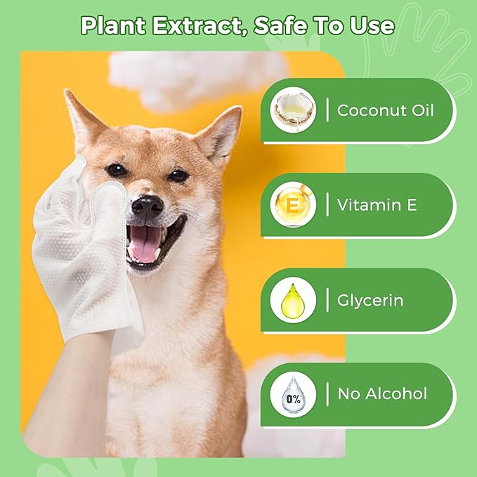 Vannon Extra Thick Pet Bathing Wipes for Dogs & Cats, Cleaning & Odor-Controlling Grooming Gloves, Nourish Fur Glove Wipes for Daily Care and Traveling, Rinse Free, Coconut Scent, 2 Pack, 12 PCS