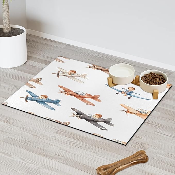 Cartoon Airplane Dog Food Mat for Floors Absorbent, Quick Dry Water Dispenser Mat for Food, Water, Pet Supplies 12" x 20", Colorful Plane