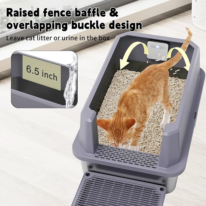 RIZZARI Stainless Steel Litter Box: Gray Leakproof Open Top Tray - Teflon Non-Stick Coating - Large Size Odor Control for Cats Under 20 lbs - with Deodorizer - 2 Pack - for Laundry Room Restroom