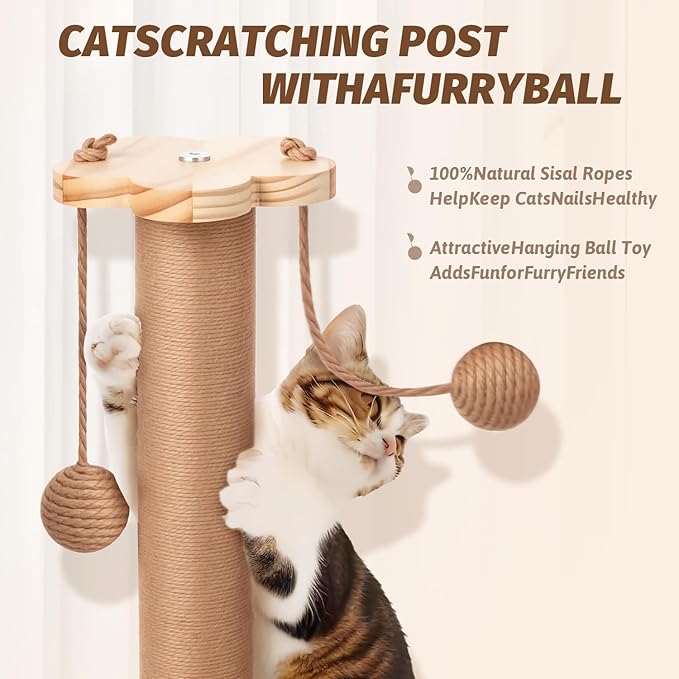 4 in 1 Cat Scratching Post. Wooden Kitten Scratching Post. Kitten Toys for Indoor Cats with Leaky Food Ball and 2 Sisal Hanging Balls. 15.7" Cat Scratcher with 2 Cat Ball Tracks for Kittens