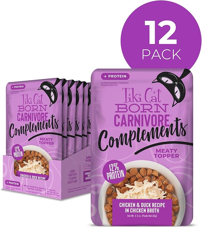 Tiki Cat Born Carnivore Complements Wet Cat Food Topper, Chicken & Duck 2.1 oz. Pouch (12 Count)